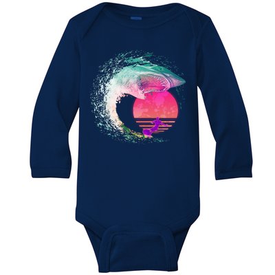 Retro Surfer Shark Wave Baby Long Sleeve Bodysuit