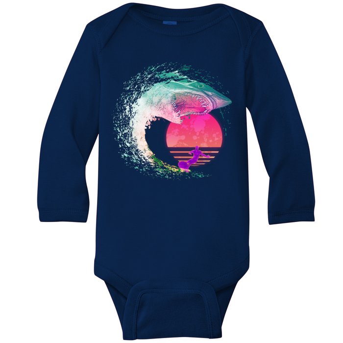 Retro Surfer Shark Wave Baby Long Sleeve Bodysuit