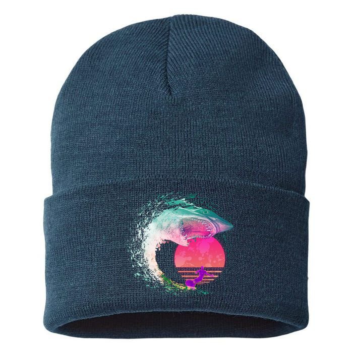 Retro Surfer Shark Wave Sustainable Knit Beanie