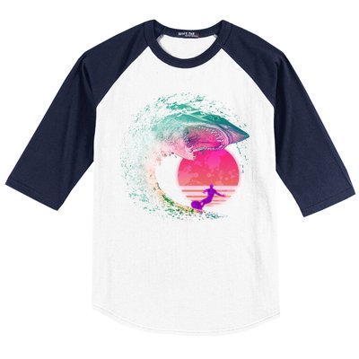 Retro Surfer Shark Wave Baseball Sleeve Shirt