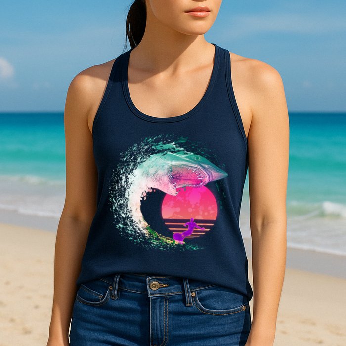 Retro Surfer Shark Wave Womens Tank Top