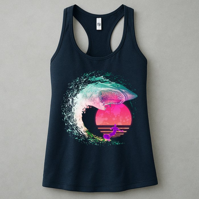 Retro Surfer Shark Wave Womens Tank Top