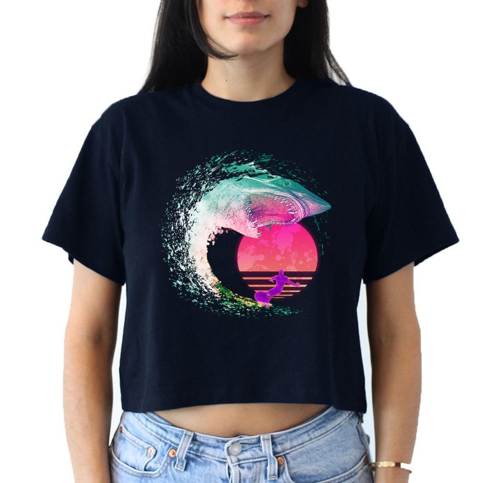 Retro Surfer Shark Wave Crop Top