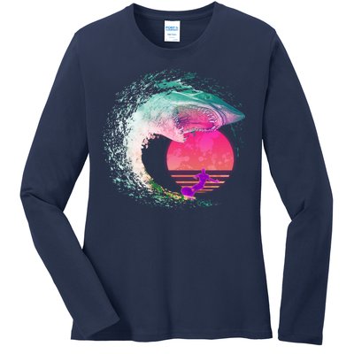 Retro Surfer Shark Wave Ladies Long Sleeve Shirt