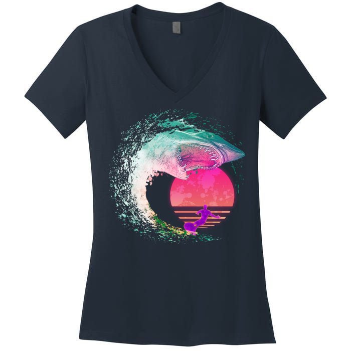 Retro Surfer Shark Wave Women's V-Neck T-Shirt