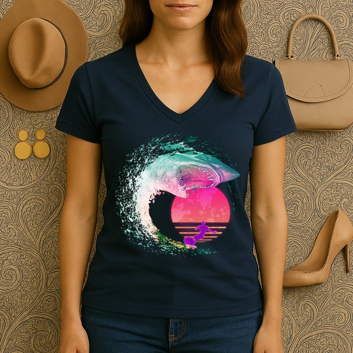 Retro Surfer Shark Wave Women's V-Neck T-Shirt