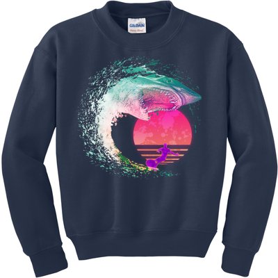 Retro Surfer Shark Wave Kids Sweatshirt