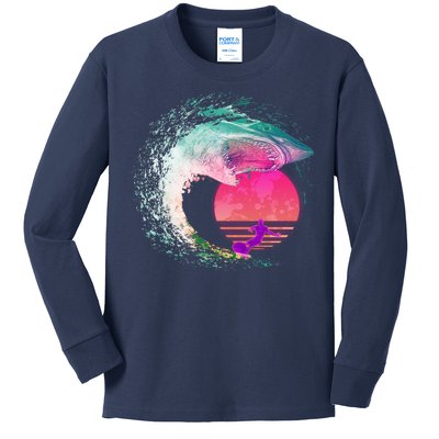 Retro Surfer Shark Wave Kids Long Sleeve Shirt