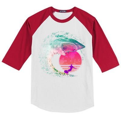 Retro Surfer Shark Wave Kids Colorblock Raglan Jersey