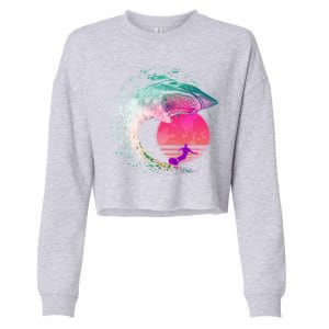 Retro Surfer Shark Wave Cropped Pullover Crew