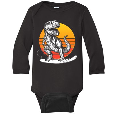 Retro Surfing T-Rex Baby Long Sleeve Bodysuit