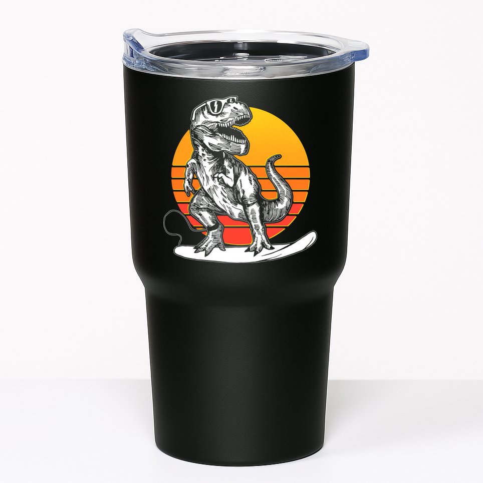 Retro Surfing T-Rex Tumbler