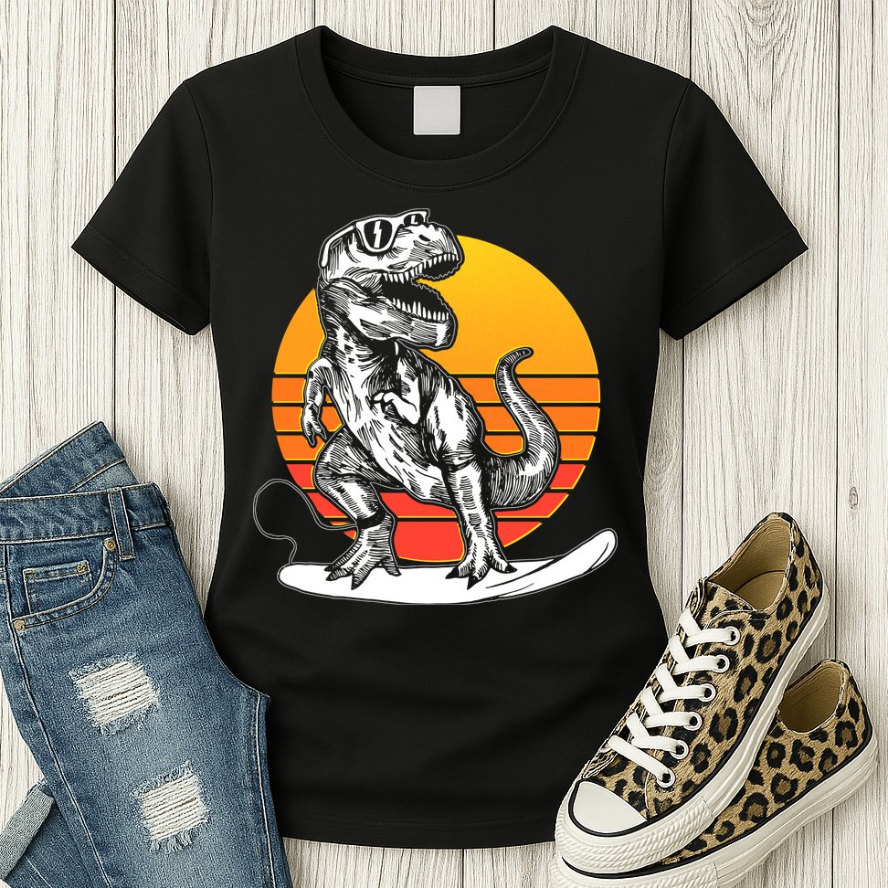 Retro Surfing T-Rex Womens T-Shirt