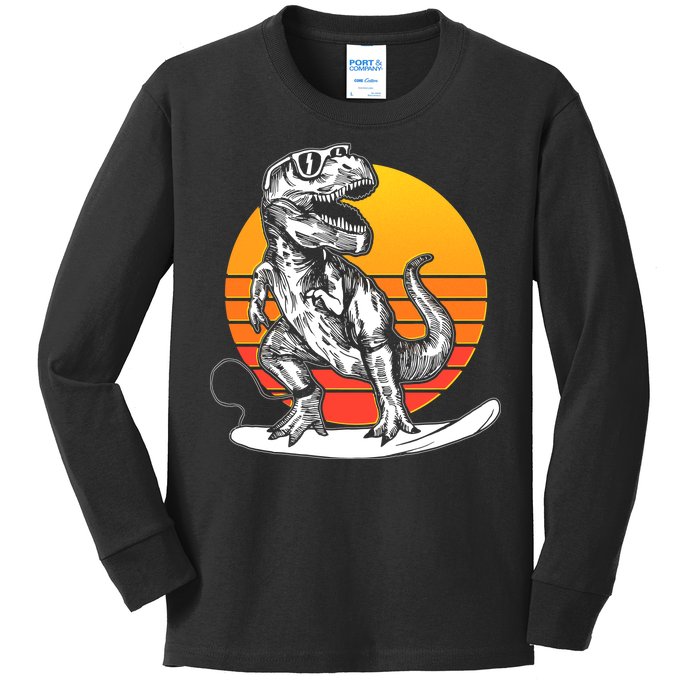 Retro Surfing T-Rex Kids Long Sleeve Shirt