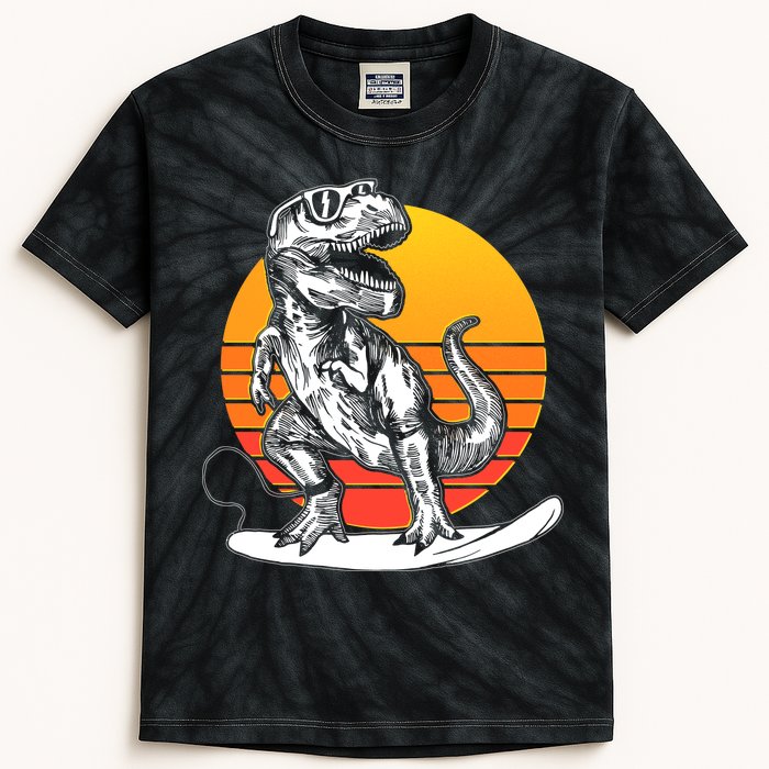 Retro Surfing T-Rex Kids Tie-Dye T-Shirt