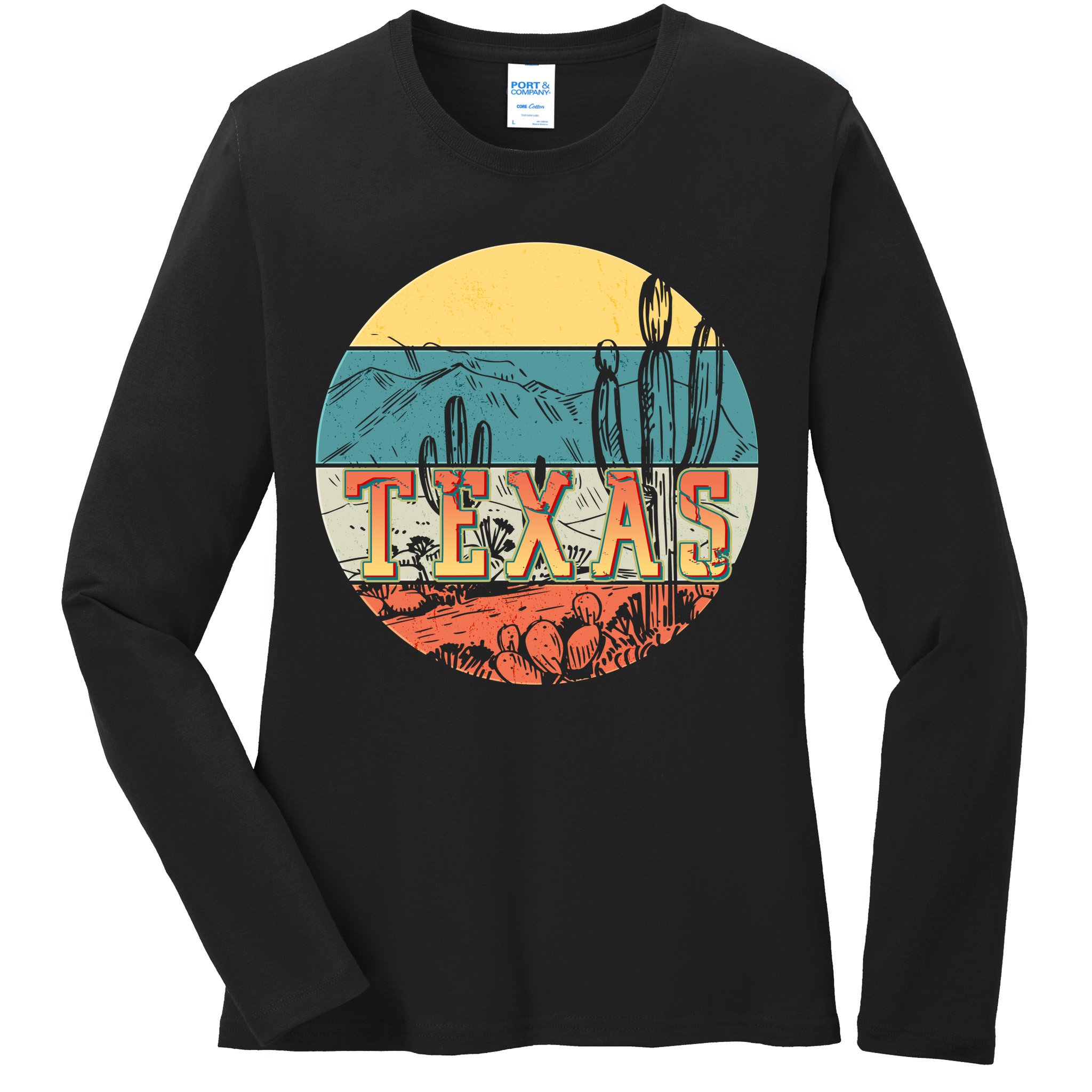 Retro Texas Desert Emblem Ladies Long Sleeve Shirt