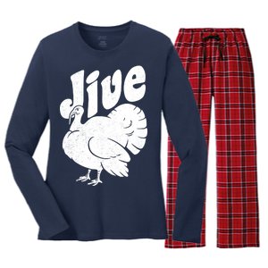 Retro Thanksgiving Jive Turkey Women's Long Sleeve Flannel Pajama Set 