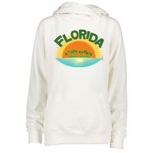 Retro Tropical Florida Coastline  Womens Funnel Neck Pullover Hood