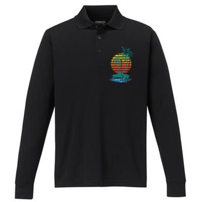 Retro Tropical Island Performance Long Sleeve Polo