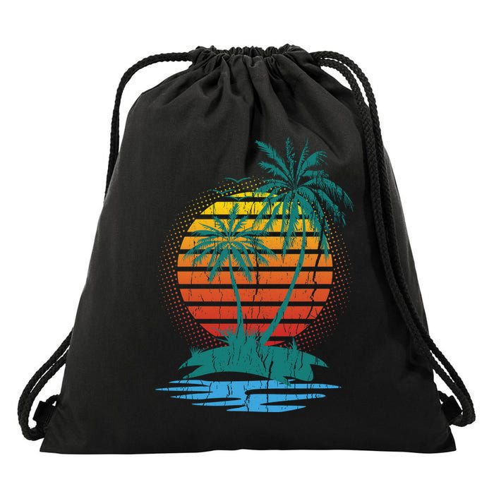 Retro Tropical Island Drawstring Bag