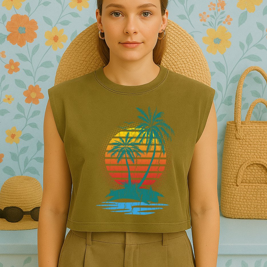 Retro Tropical Island Garment-Dyed Women's Muscle Tee