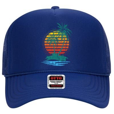 Retro Tropical Island High Crown Mesh Back Trucker Hat