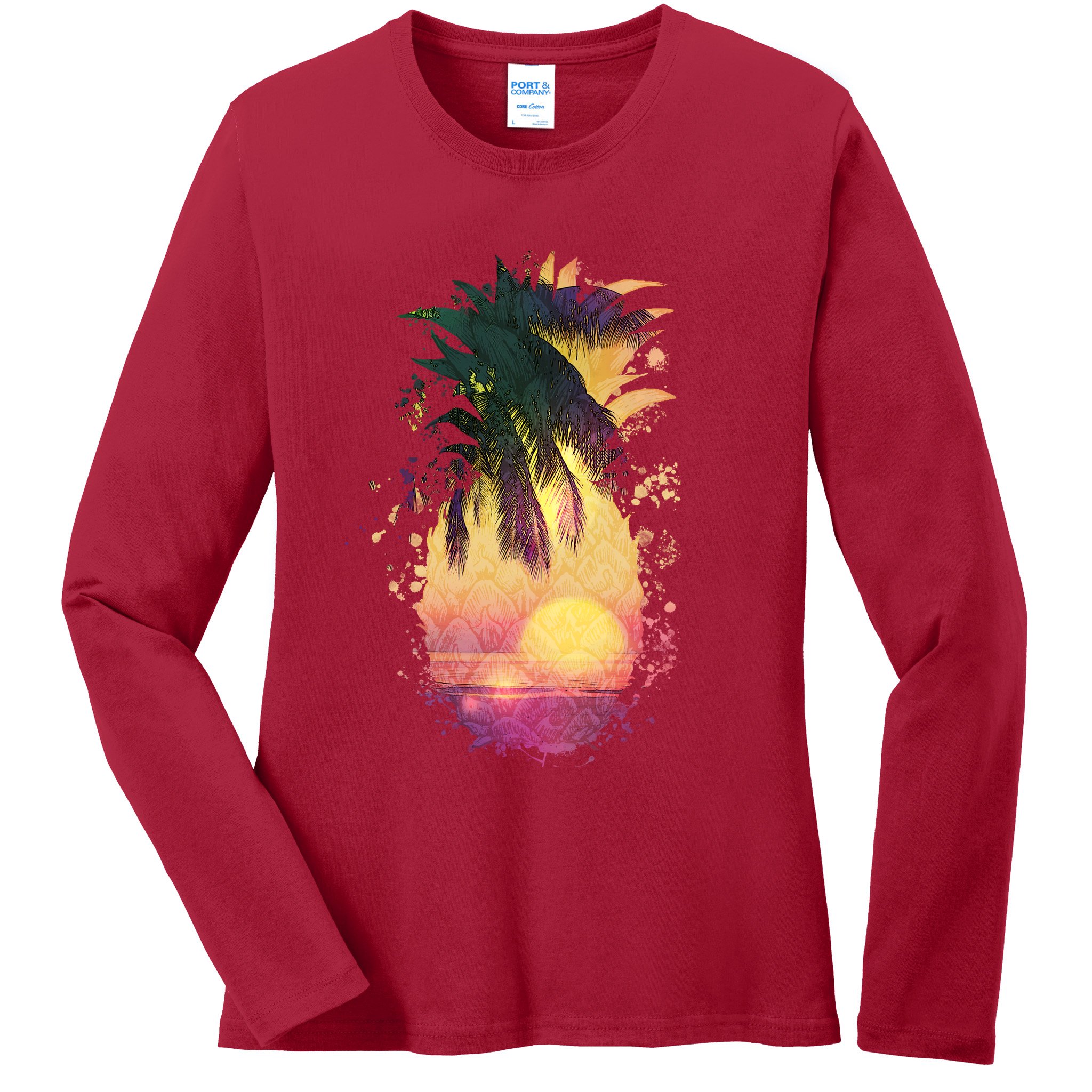 Retro Tropical Pineapple Ladies Long Sleeve Shirt