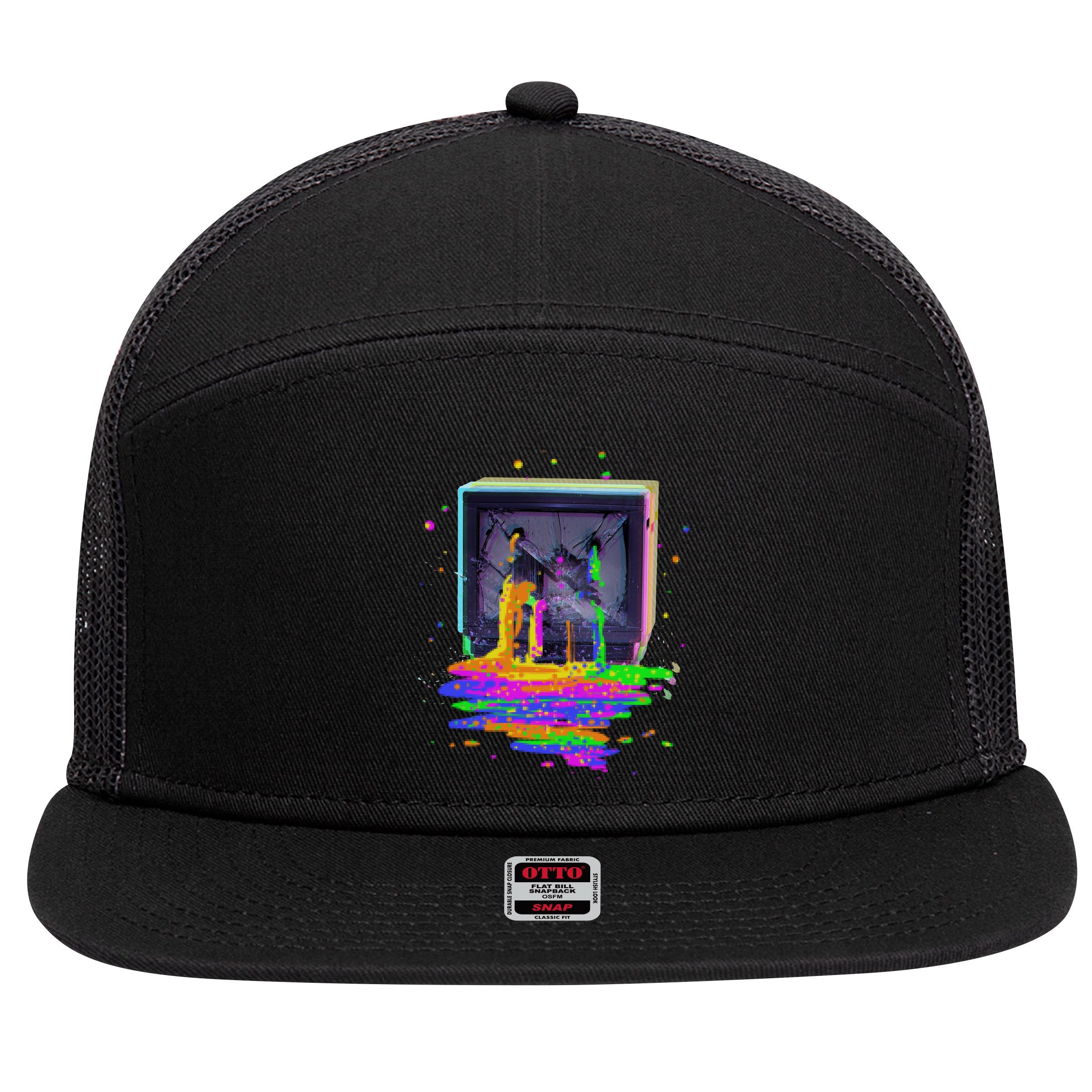 Retro TV Television Pixel Splatter 7 Panel Mesh Trucker Snapback Hat