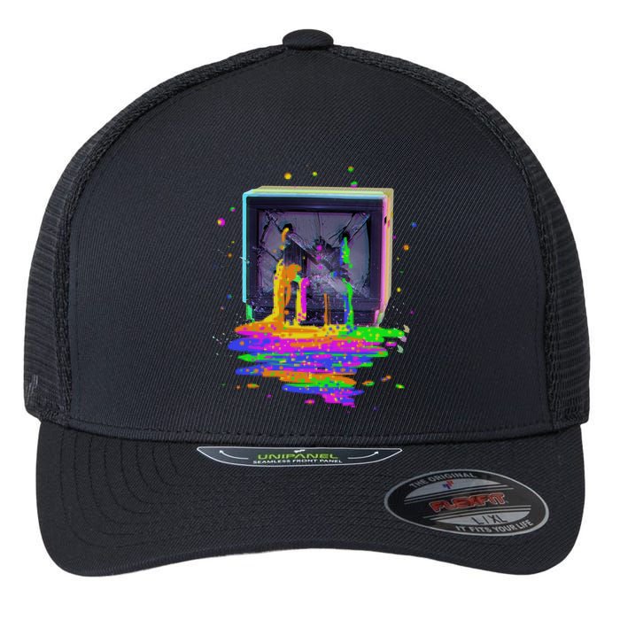 Retro TV Television Pixel Splatter Flexfit Unipanel Trucker Cap