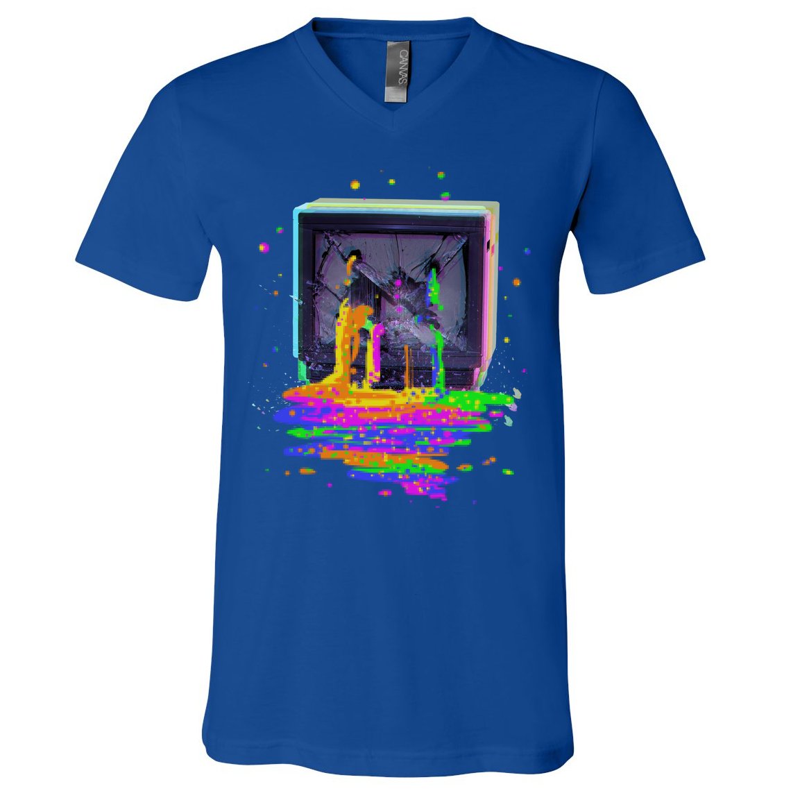 Retro TV Television Pixel Splatter V-Neck T-Shirt