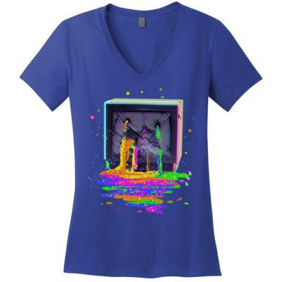 Retro TV Television Pixel Splatter Women's V-Neck T-Shirt
