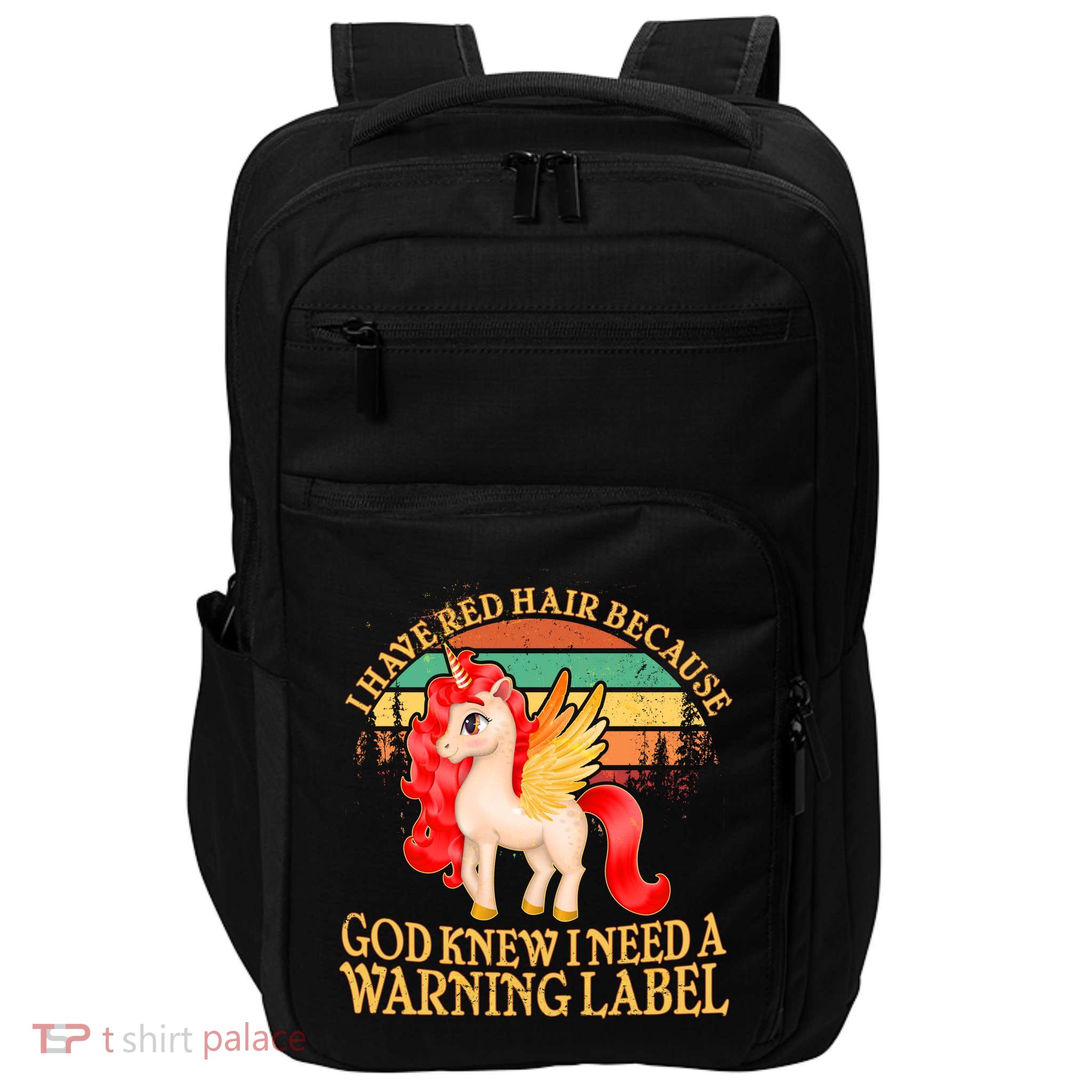 Retro Unicorn I Have Red Hair Warning Label Impact Tech Backpack