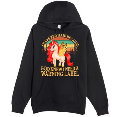 Retro Unicorn I Have Red Hair Warning Label Premium Pullover Hoodie