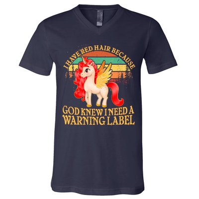 Retro Unicorn I Have Red Hair Warning Label V-Neck T-Shirt