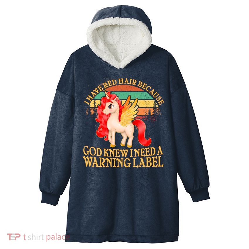 Retro Unicorn I Have Red Hair Warning Label Hooded Wearable Blanket
