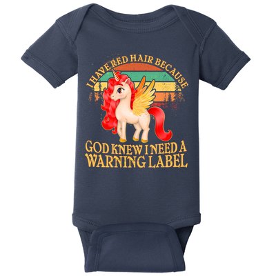 Retro Unicorn I Have Red Hair Warning Label Baby Bodysuit