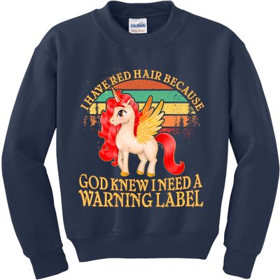 Retro Unicorn I Have Red Hair Warning Label Kids Sweatshirt