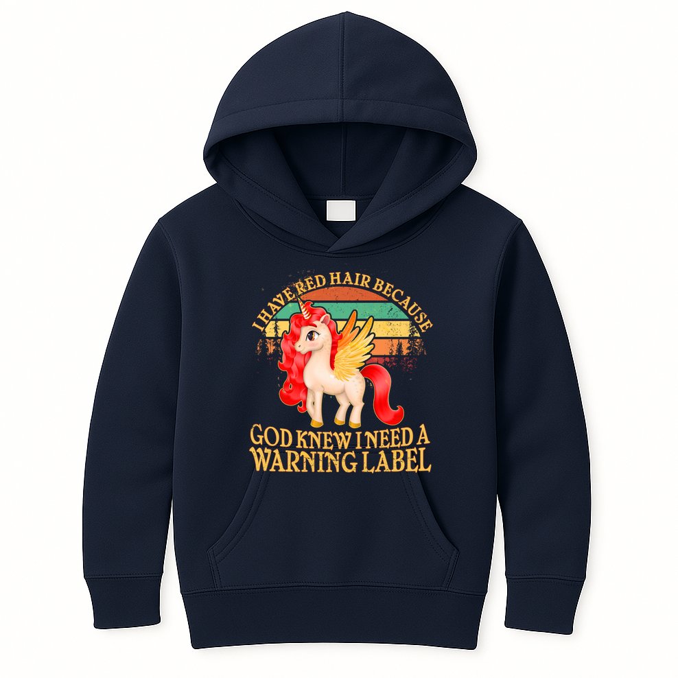 Retro Unicorn I Have Red Hair Warning Label Kids Hoodie