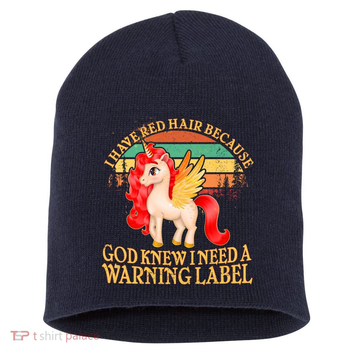 Retro Unicorn I Have Red Hair Warning Label Short Acrylic Beanie