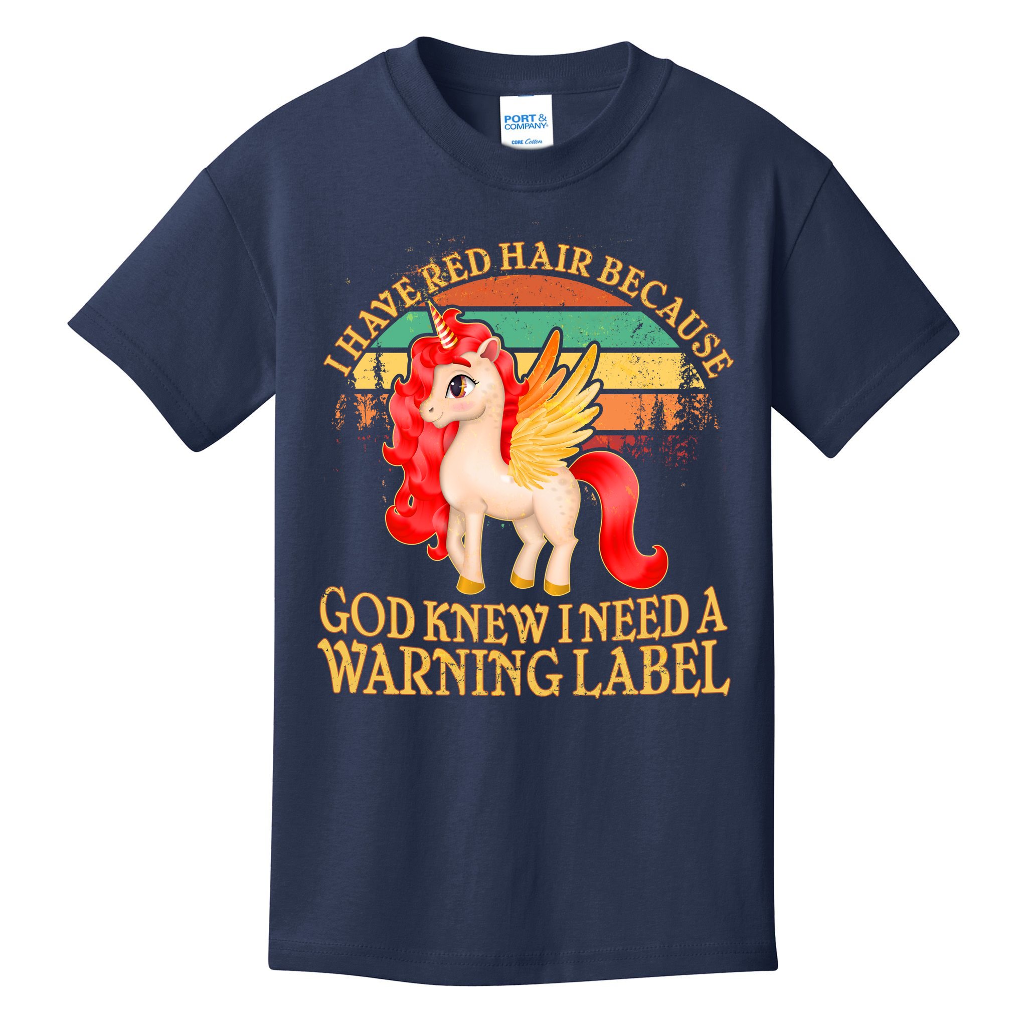 Retro Unicorn I Have Red Hair Warning Label Kids T-Shirt