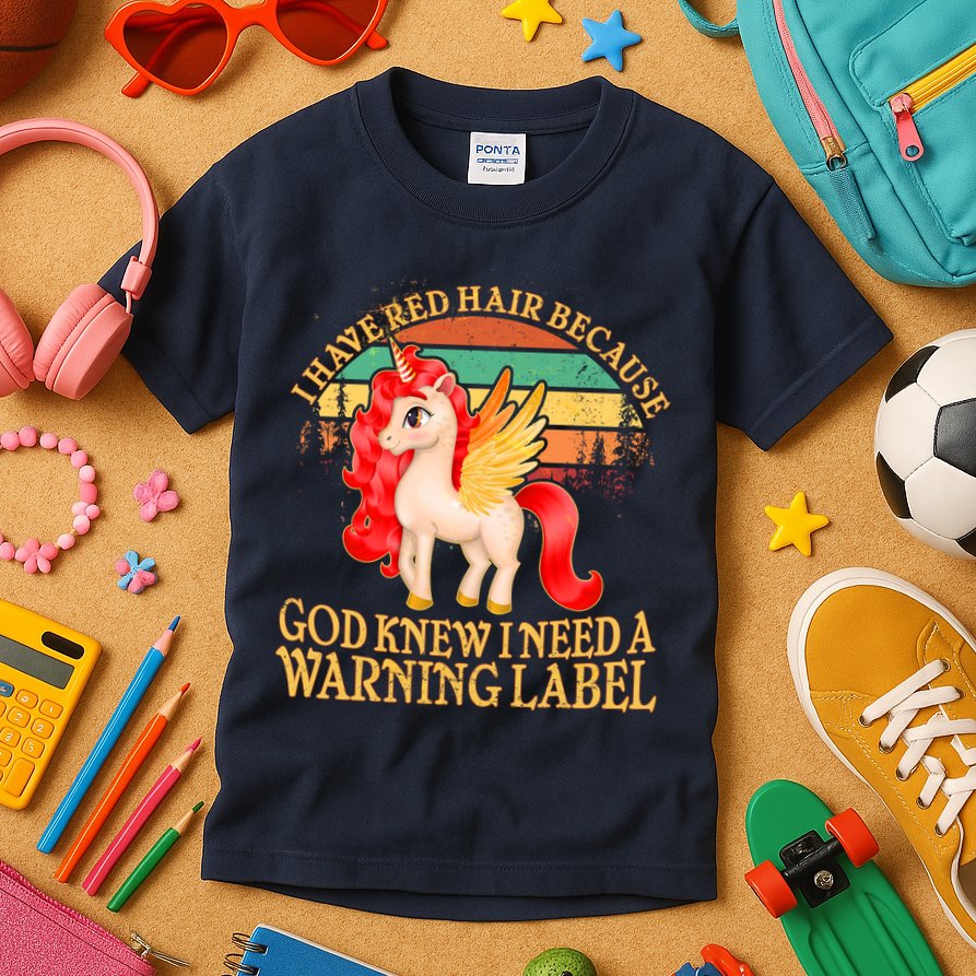 Retro Unicorn I Have Red Hair Warning Label Kids T-Shirt