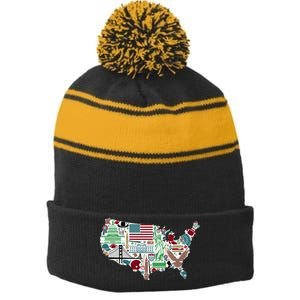 Retro USA State Map of America Stripe Pom Pom Beanie