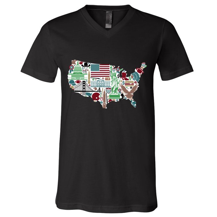 Retro USA State Map of America V-Neck T-Shirt