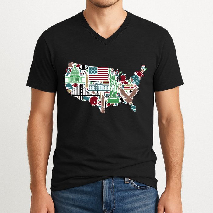Retro USA State Map of America V-Neck T-Shirt