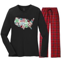 Retro USA State Map of America Women's Long Sleeve Flannel Pajama Set 