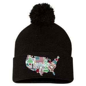 Retro USA State Map of America Pom Pom 12in Knit Beanie