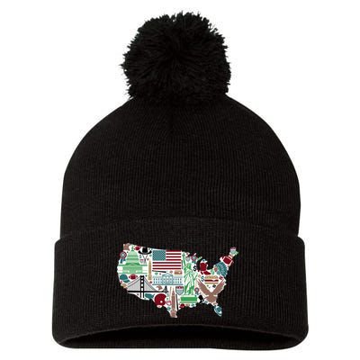 Retro USA State Map of America Pom Pom 12in Knit Beanie