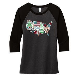 Retro USA State Map of America Women's Tri-Blend 3/4-Sleeve Raglan Shirt