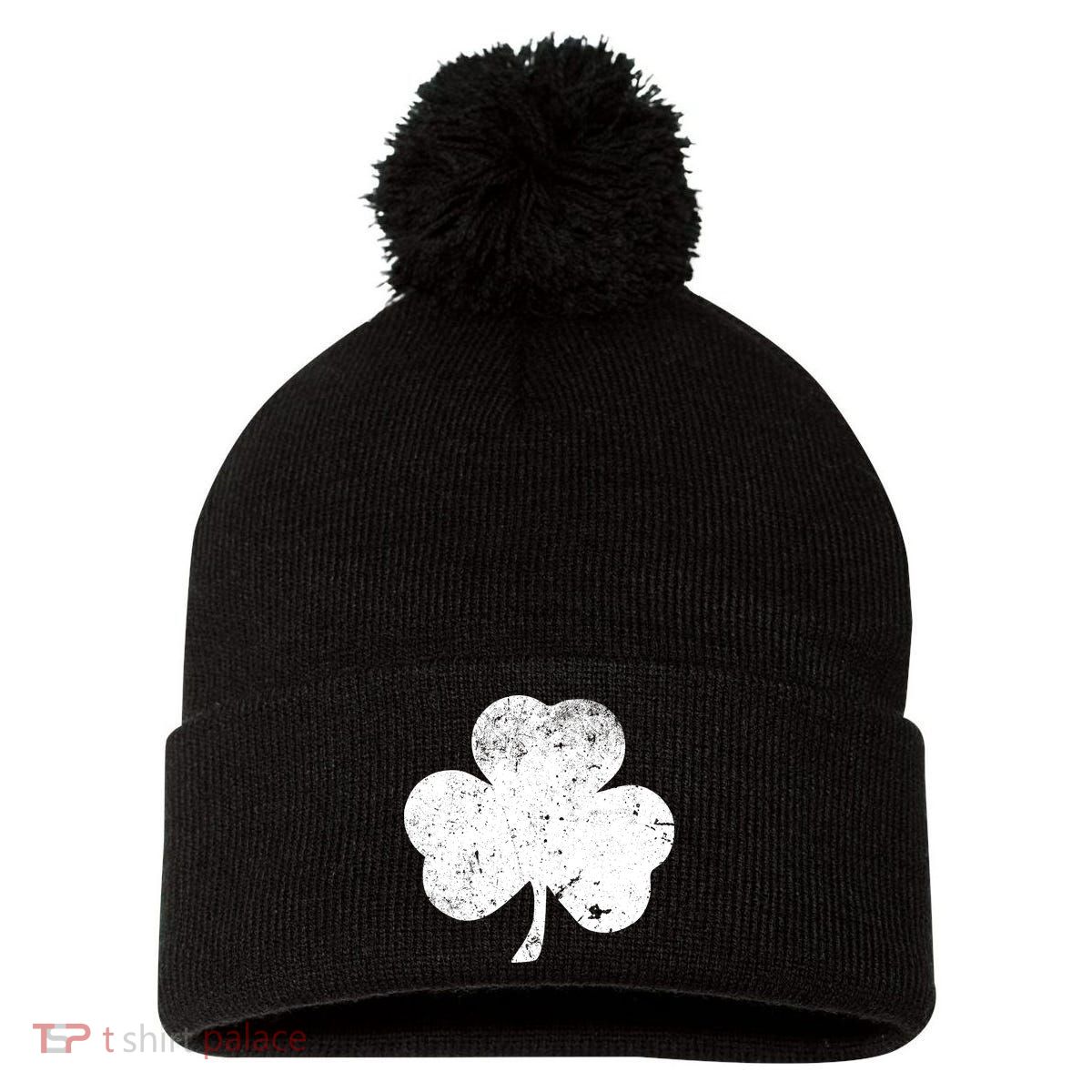 Retro Vintage Irish Distressed Shamrock St. Patrick's Day Pom Pom 12in Knit Beanie