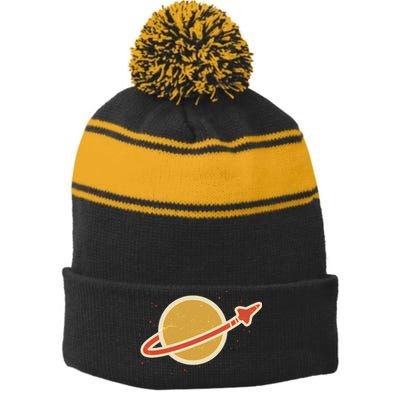 Retro Vintage Planet Space Shuttle Logo Stripe Pom Pom Beanie